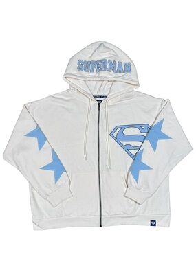 Y2K Superman Zip Hoodie XL NWT Off White Baby Blue Graphic Stars Rare Streetwear